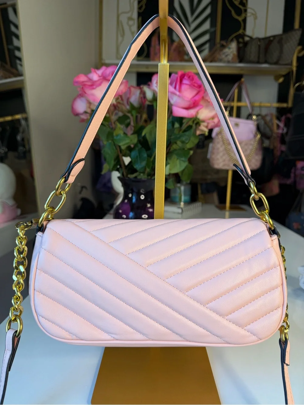 Tory Burch Kira Chevron Small Flap Pink Gold Shoulder Bag Logo 💕🛍️
